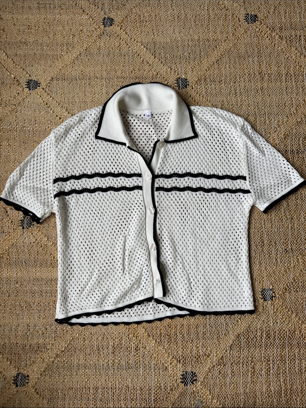 Amazon White Short Sleeve Knit Button-Up Top with Black Trim